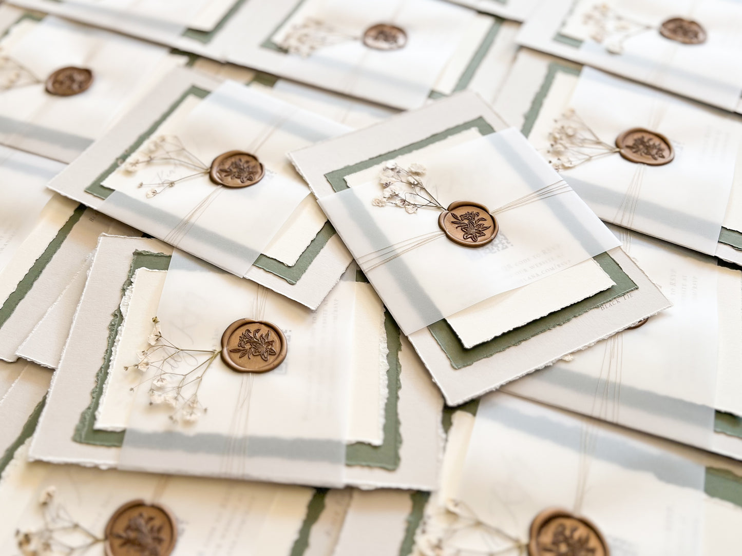 Baby’s Breath Wedding Invitation with Deckled Edging, Baby’s Breath, Vellum and Wax Seal