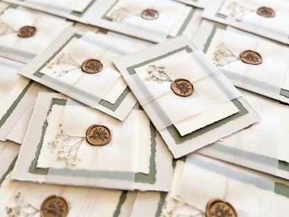 Baby’s Breath Wedding Invitation with Deckled Edging, Baby’s Breath, Vellum and Wax Seal