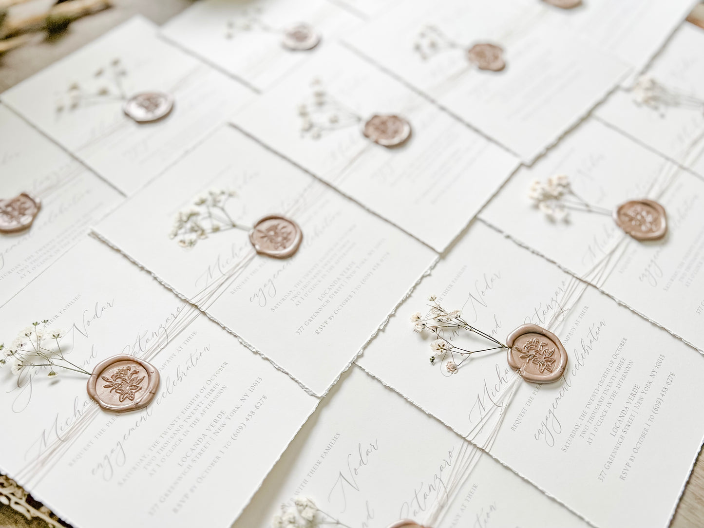 Elegant Ivory Baby’s Breath Wedding Invitation with Deckled Edging and Wax Seal