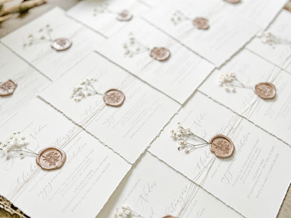 Elegant Ivory Baby’s Breath Wedding Invitation with Deckled Edging and Wax Seal