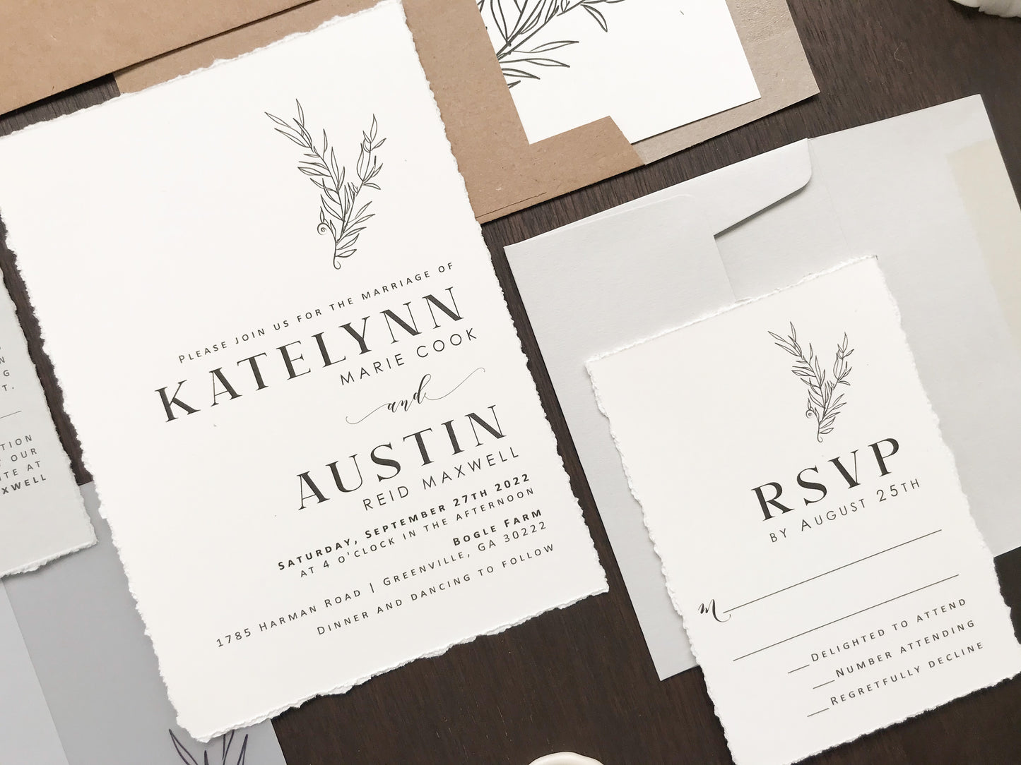 Contemporary Modern Boho Wedding Invitation with Deckled Edging, Vellum and Antique Gold Wax Seal