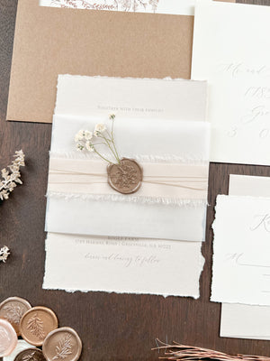 Neutral Wedding Invitation with Deckled Edging, Vellum Belly Band, Chiffon Ribbon, Dried Baby’s Breath and Wax Seal