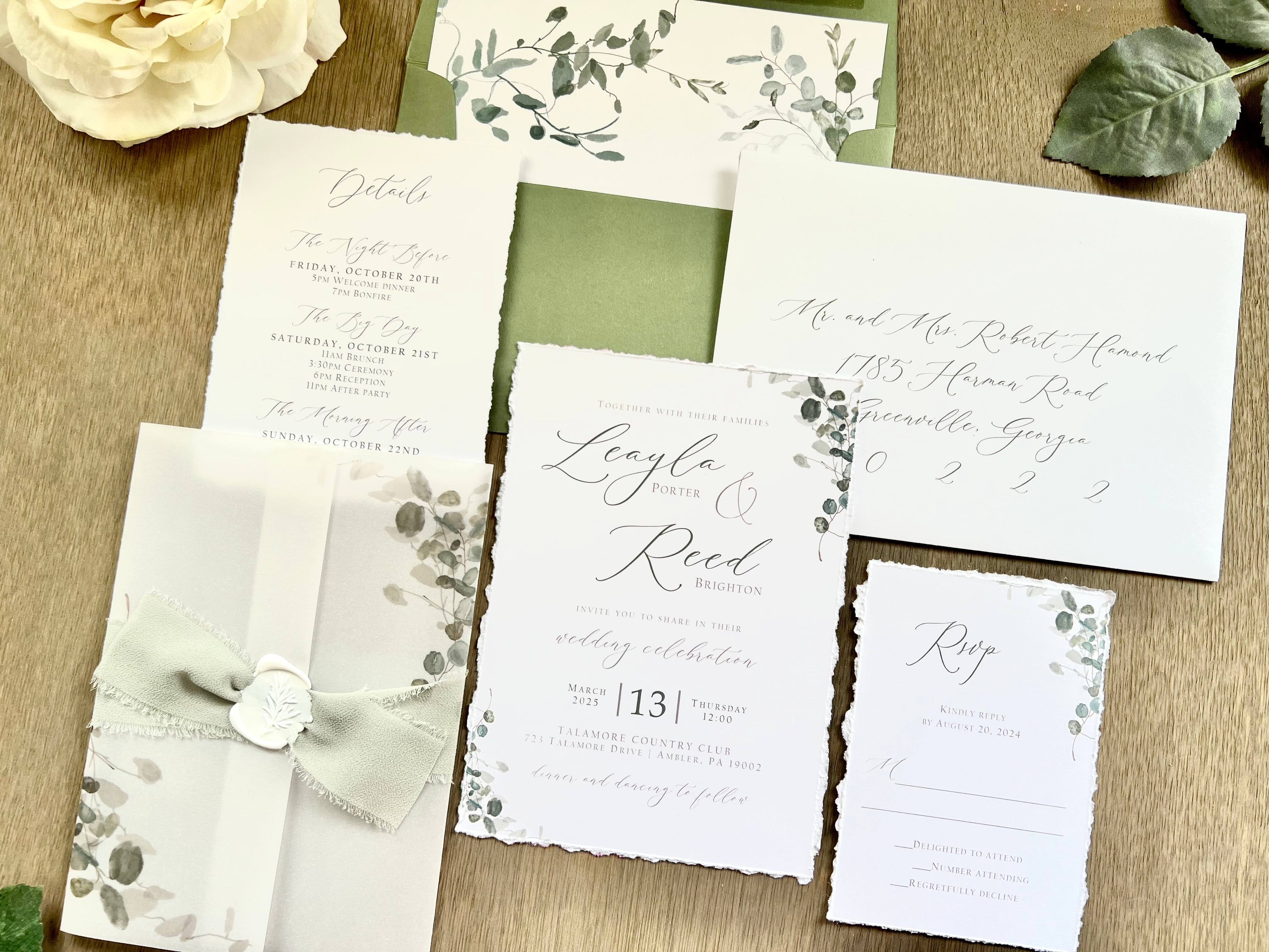 Greenery Vellum Wedding Invitation with Ribbon, Wax Seal & Deckled Edge