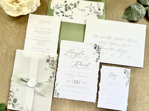 Greenery Vellum Wedding Invitation with Ribbon, Wax Seal & Deckled Edge
