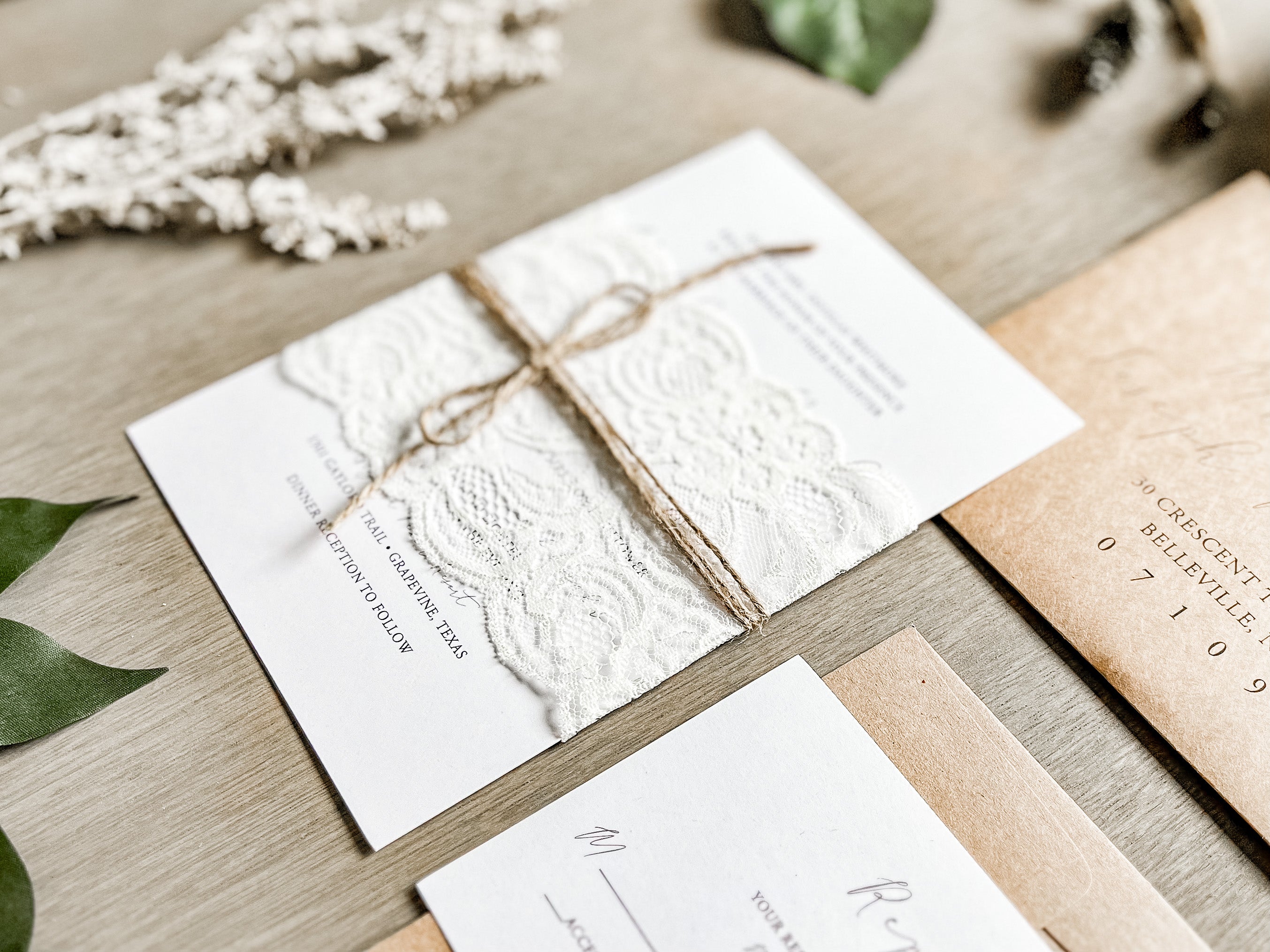 Rustic Lace Wedding Invitation with twine