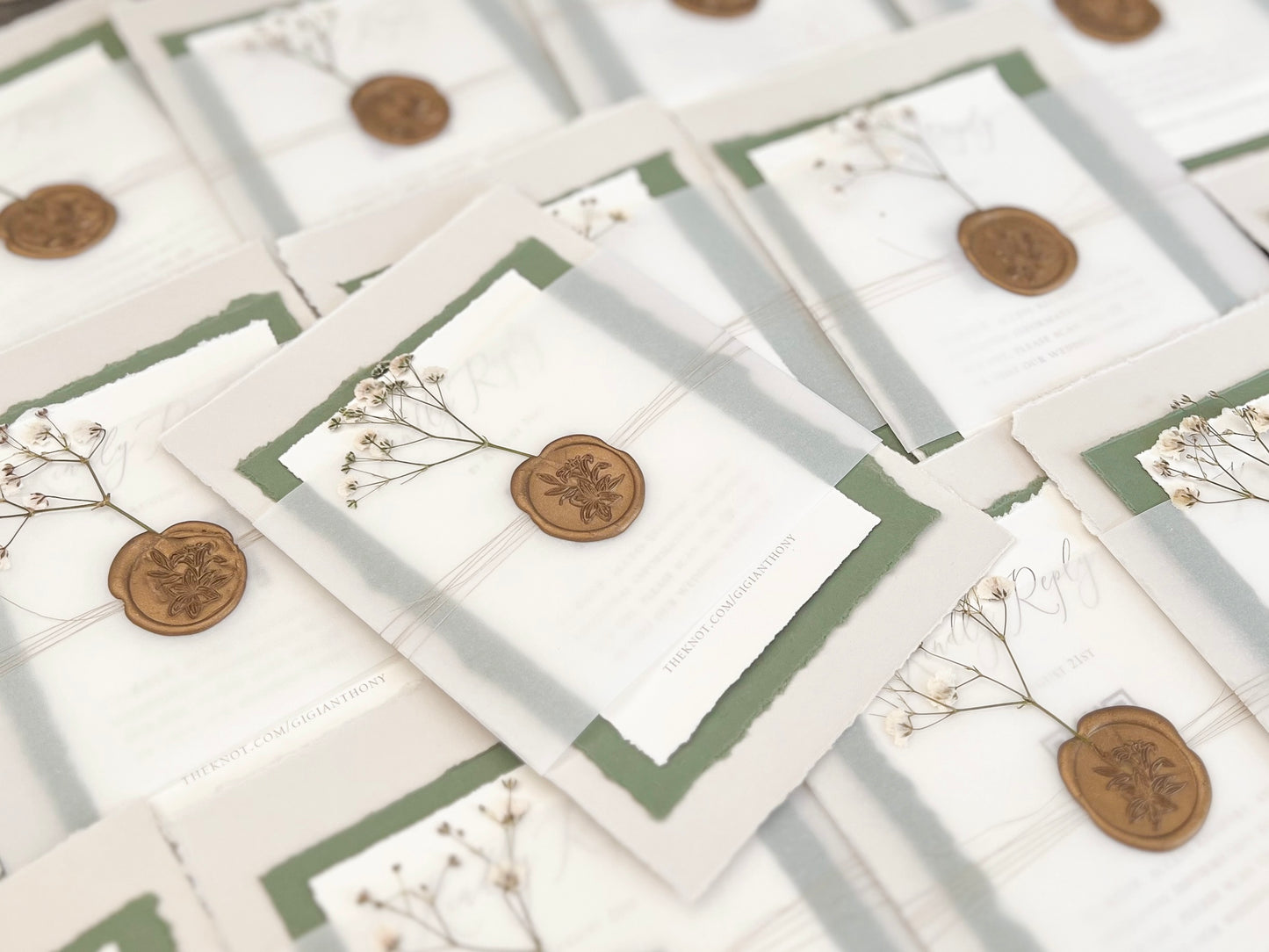 Baby’s Breath Wedding Invitation with Deckled Edging, Baby’s Breath, Vellum Belly Band and Wax Seal