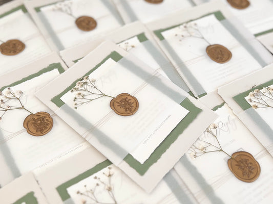 Baby’s Breath Wedding Invitation with Deckled Edging, Baby’s Breath, Vellum Belly Band and Wax Seal