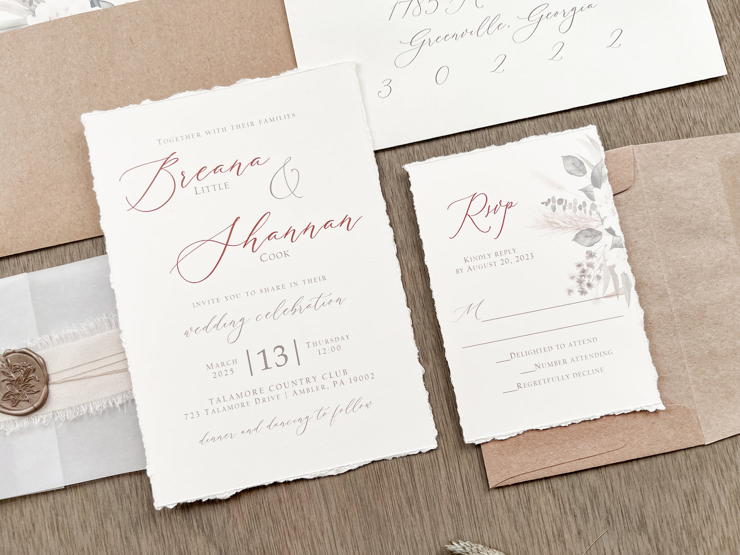 Floral Pampas Grass Wedding Invitation with Deckled Edging, Vellum Belly Band, Chiffon Ribbon, Dried Baby’s Breath and Wax Seal