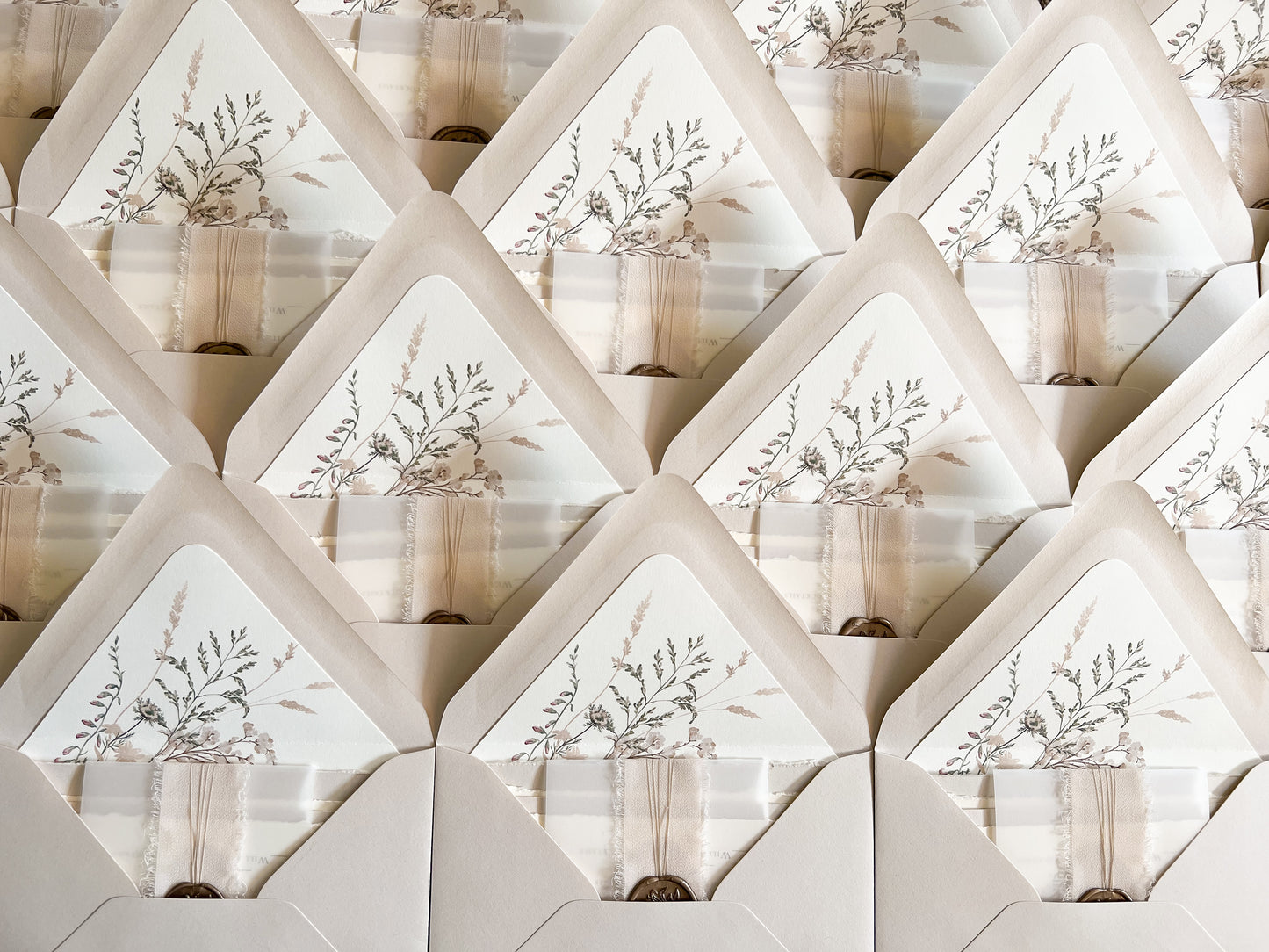 Neutral Wedding Invitation with Deckled Edging, Vellum Belly Band, Chiffon Ribbon