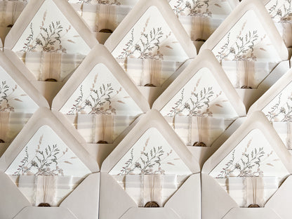 Neutral Wedding Invitation with Deckled Edging, Vellum Belly Band, Chiffon Ribbon