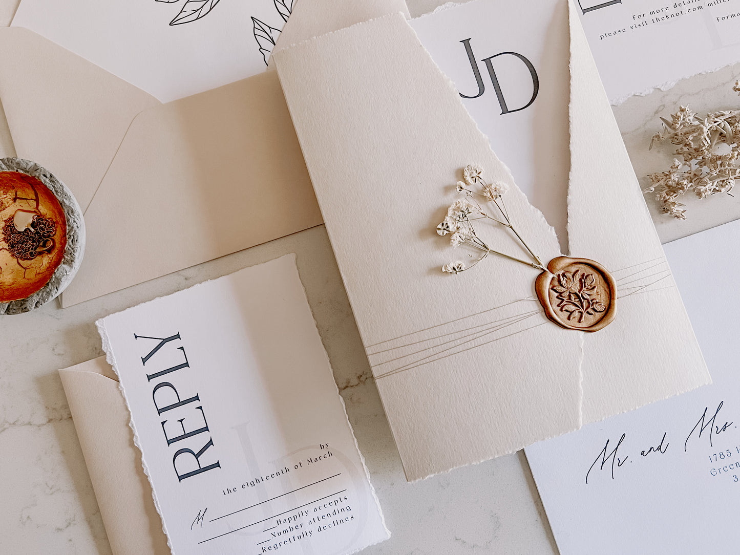 Trifold Monogram Wedding Invitation with Baby’s Breath, Wrap & Wax seal