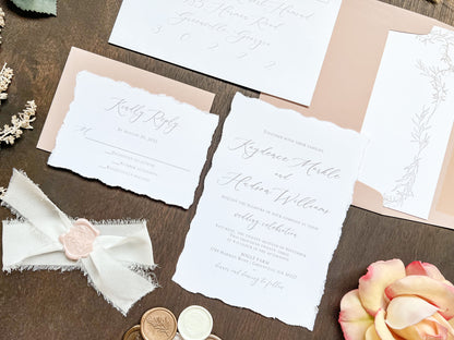 Soft and Sweet Wedding Invitation with Deckled Edging, White Chiffon Ribbon & Blush Pink Wax Seal