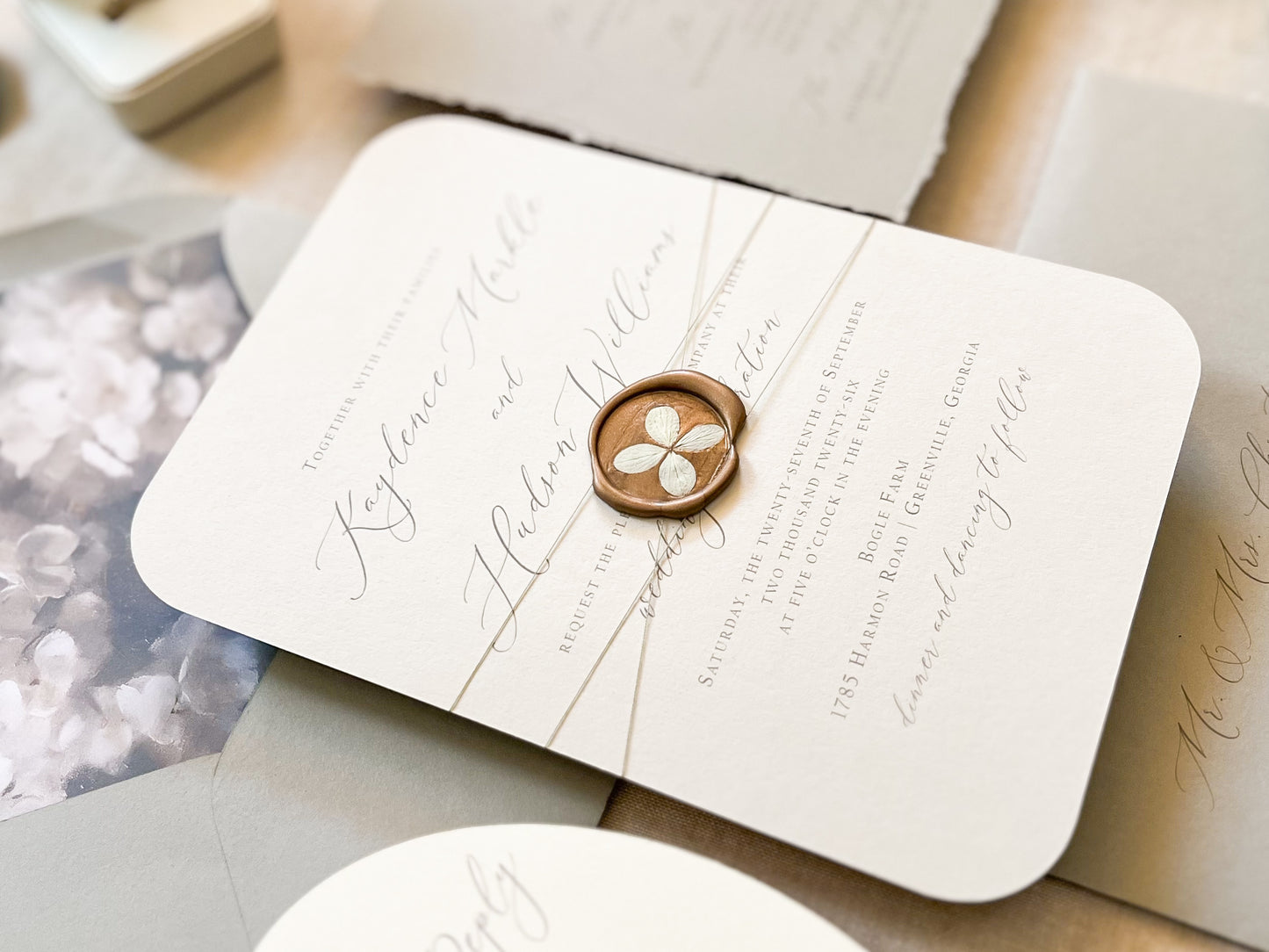 Hydrangea Wedding Invitation with Wax Seal