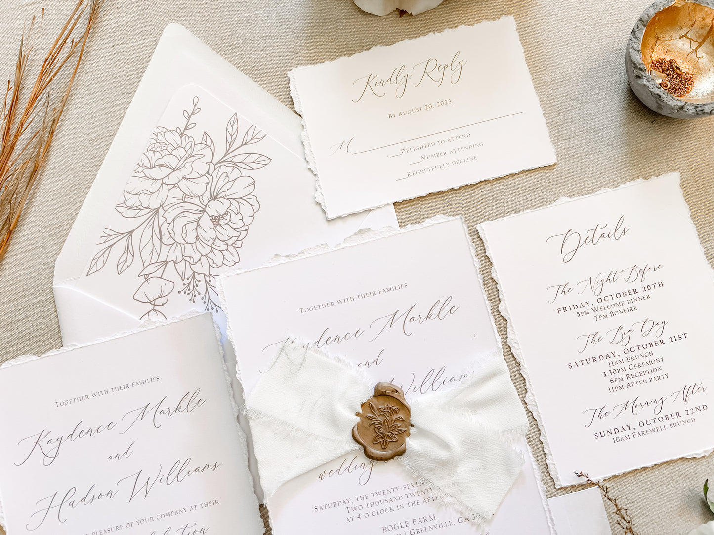 Classic Elegant Wedding Invitation with Deckled Edging, White Chiffon Ribbon & Wax Seal