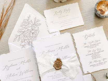 Classic Elegant Wedding Invitation with Deckled Edging, White Chiffon Ribbon & Wax Seal