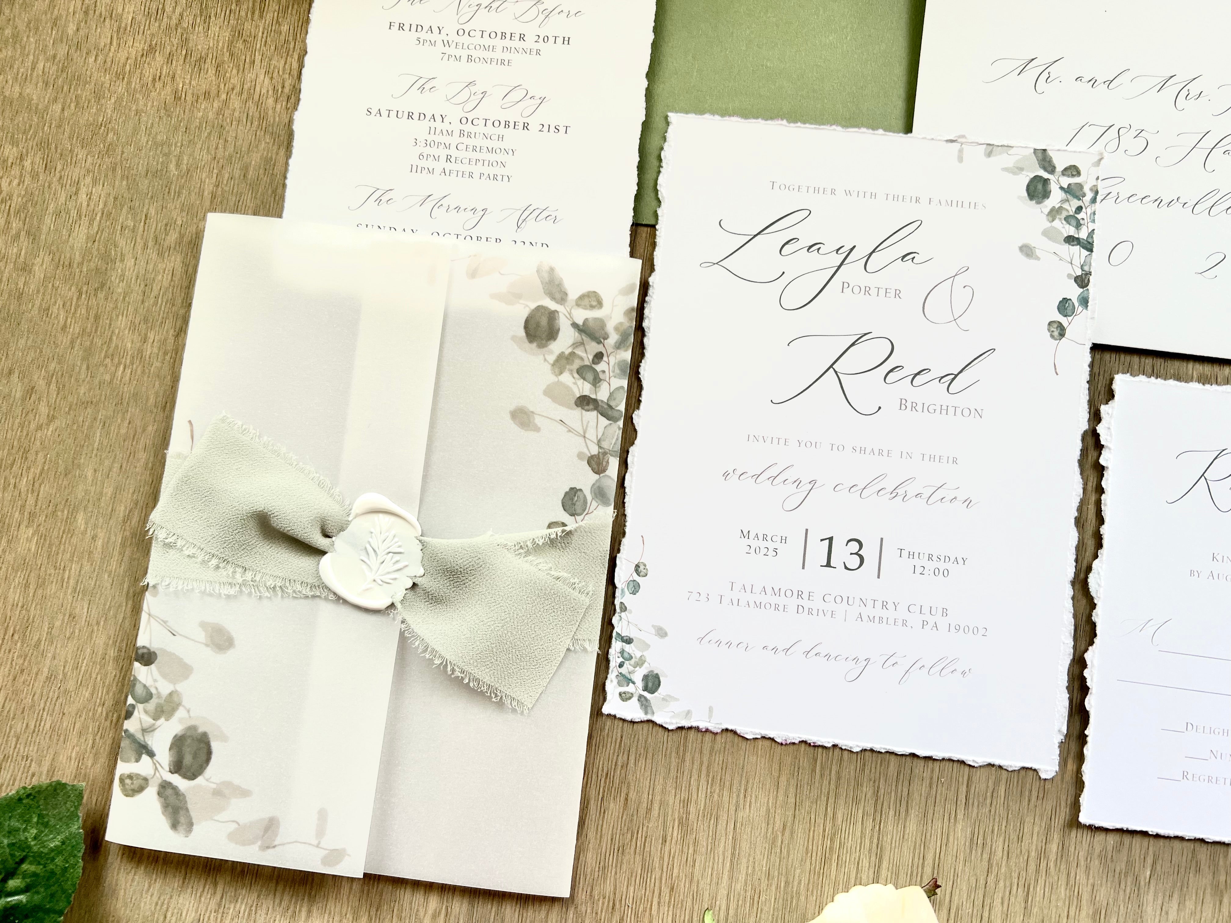 Greenery Vellum Wedding Invitation with Ribbon, Wax Seal & Deckled Edge