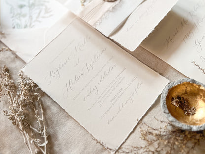 Neutral Wedding Invitation with Deckled Edging, Vellum Belly Band, Chiffon Ribbon