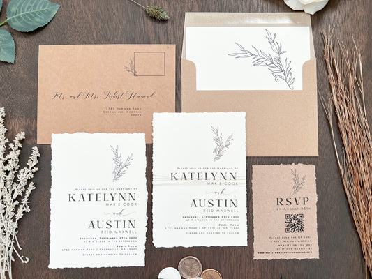 Rustic Boho Wedding Invitation with Deckled Edging and Khaki Thread Wrap