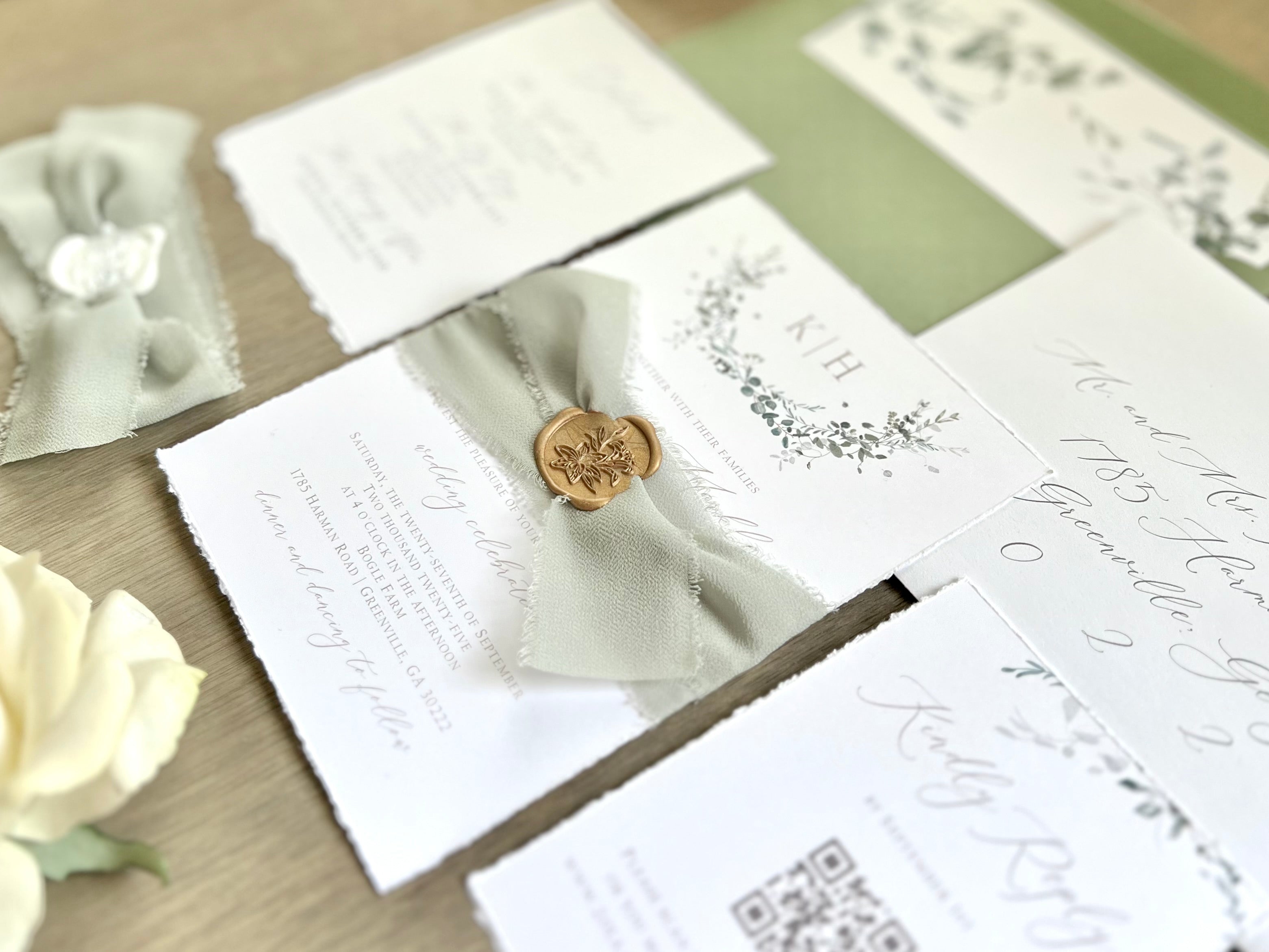 Monogram Laurel Wreath Wedding Invitation with Muted Sage Green Chiffon Ribbon & Wax Seal with Deckled Edging