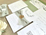 Monogram Laurel Wreath Wedding Invitation with Muted Sage Green Chiffon Ribbon & Wax Seal with Deckled Edging