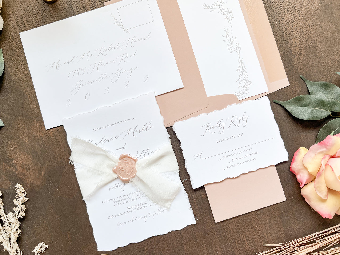 Soft and Sweet Wedding Invitation with Deckled Edging, White Chiffon Ribbon & Blush Pink Wax Seal