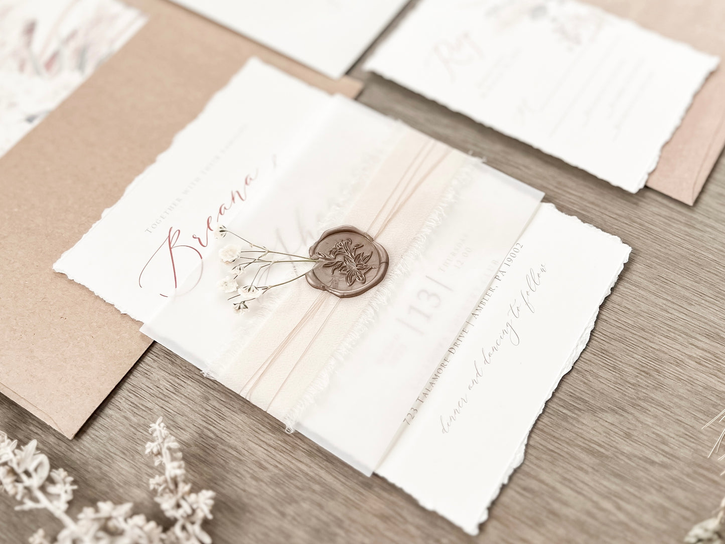 Floral Pampas Grass Wedding Invitation with Deckled Edging, Vellum Belly Band, Chiffon Ribbon, Dried Baby’s Breath and Wax Seal