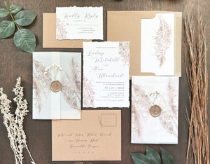 Pampas Grass and Baby’s Breath Wedding Invitation with Deckled Edge, Boho Vellum with Wax Seal