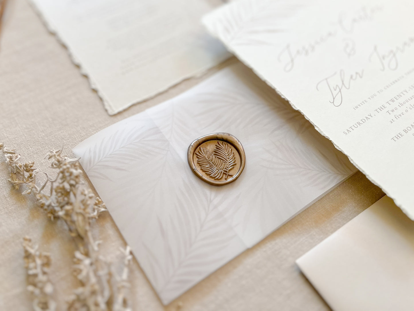 Tropical Palm Leaf Wedding Invitation with Vellum & Wax Seal