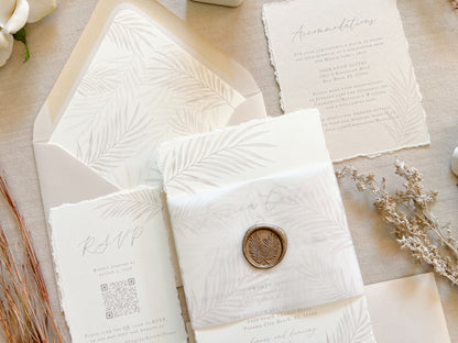 Tropical Palm Leaf Wedding Invitation with Vellum & Wax Seal
