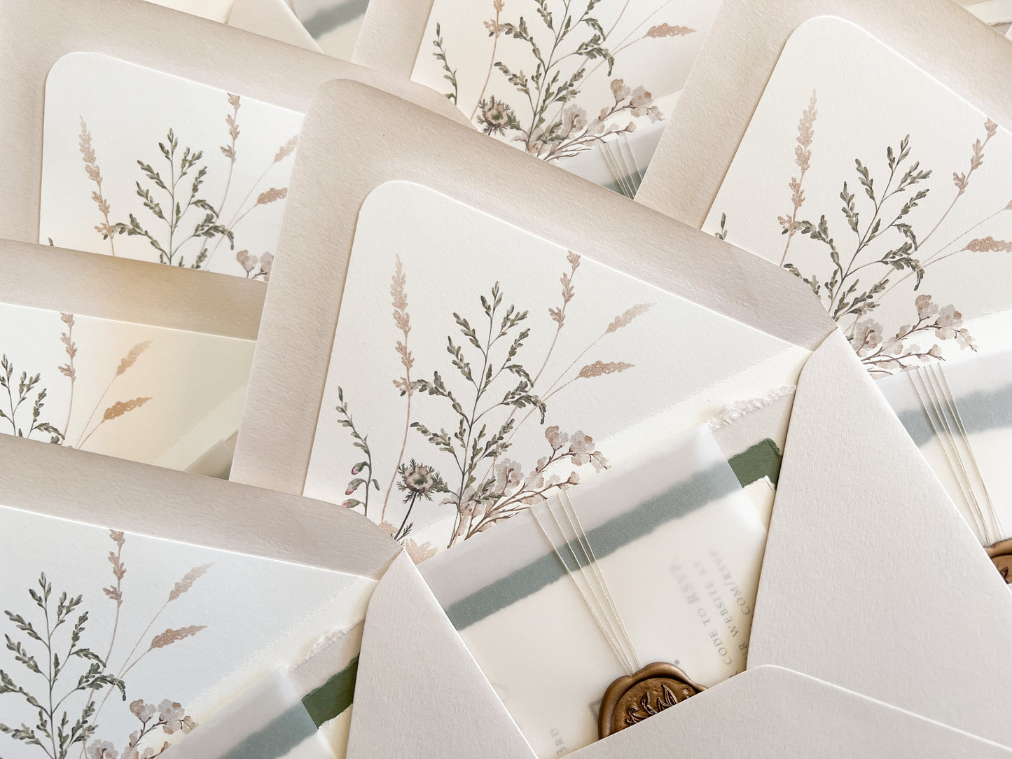 Baby’s Breath Wedding Invitation with Deckled Edging, Baby’s Breath, Vellum and Wax Seal