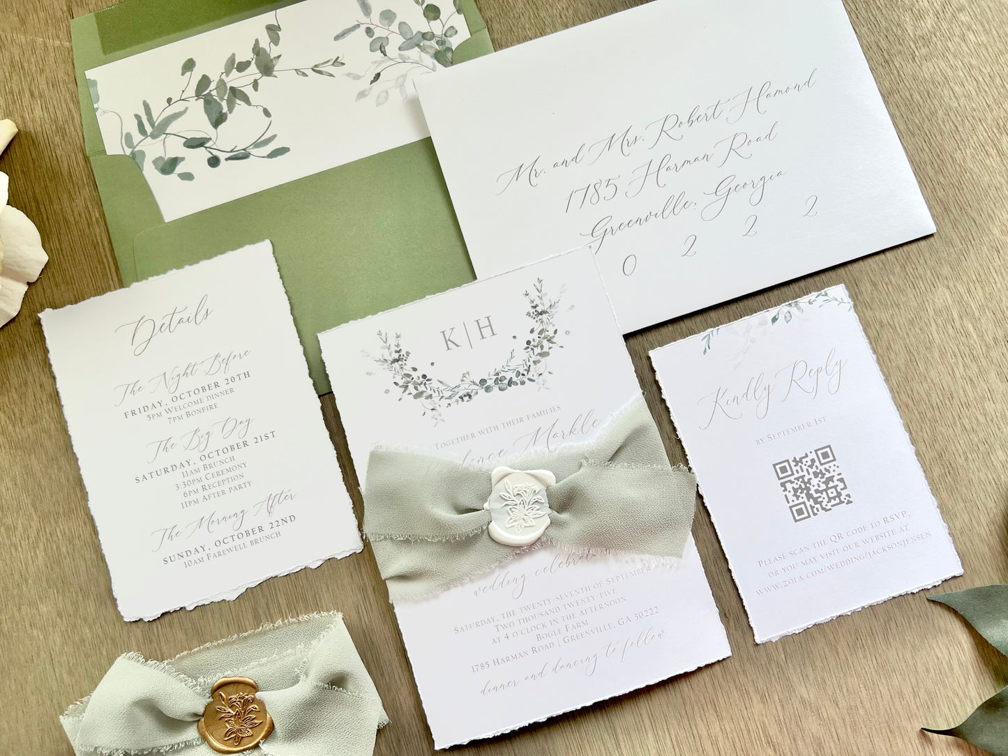 Monogram Laurel Wreath Wedding Invitation with Muted Sage Green Chiffon Ribbon & Wax Seal with Deckled Edging