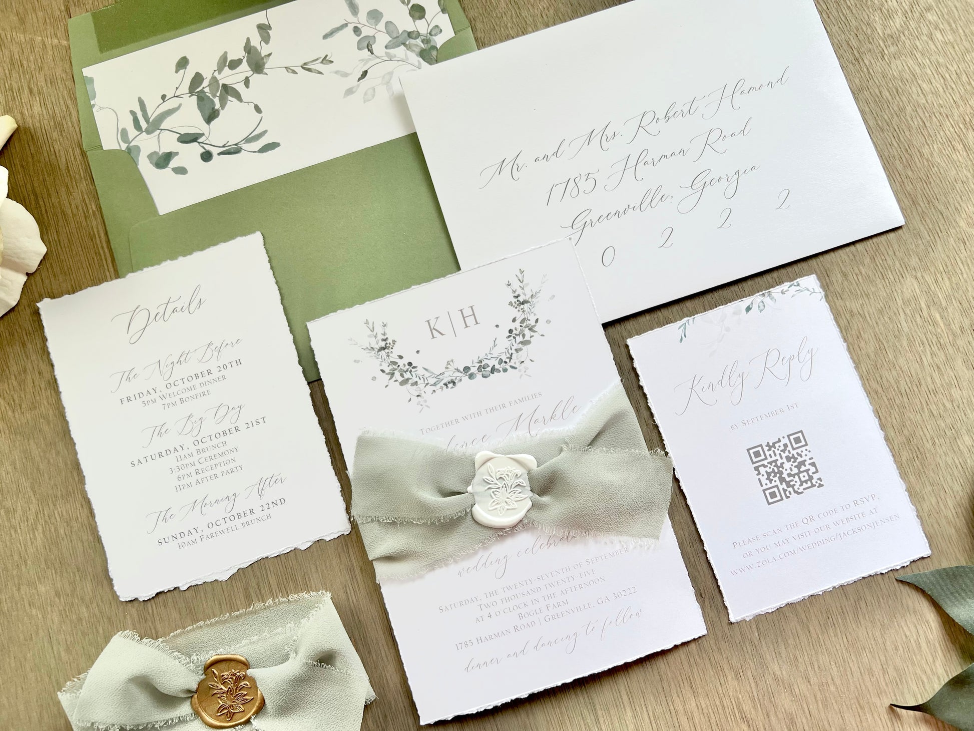 Monogram Laurel Wreath Wedding Invitation with Muted Sage Green Chiffon Ribbon & Wax Seal with Deckled Edging