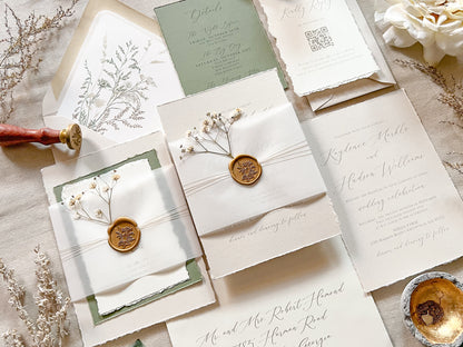 Baby’s Breath Wedding Invitation with Deckled Edging, Baby’s Breath, Vellum and Wax Seal