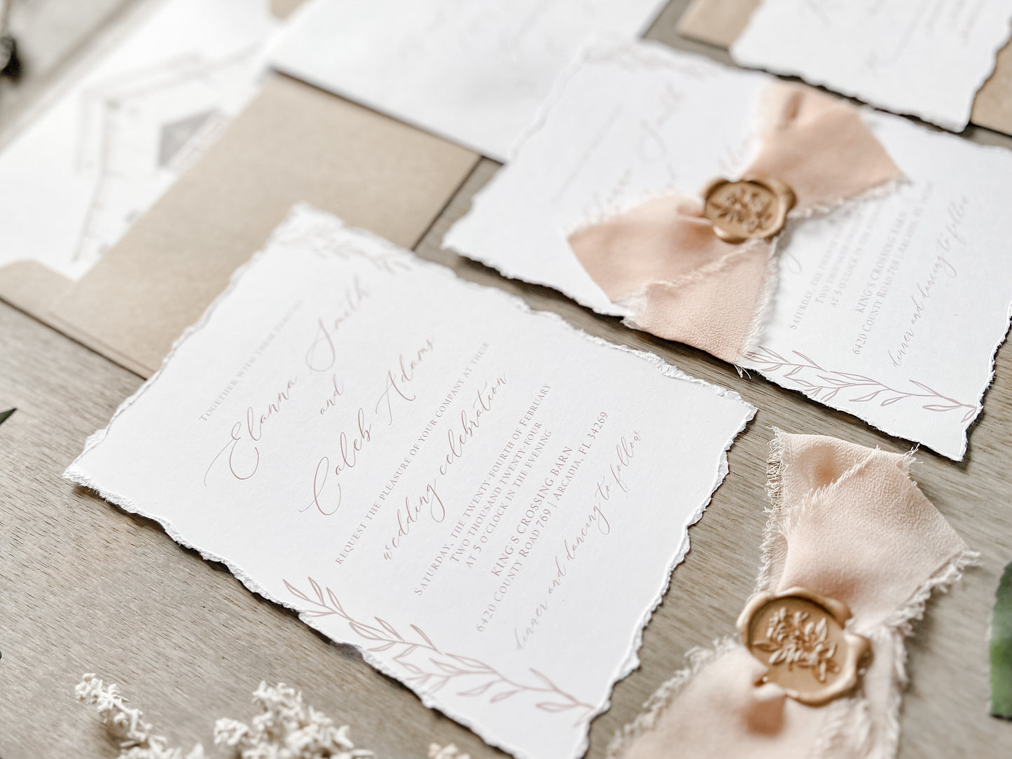 Light Brown Ribbon Wedding Invitation with Deckled Edging, Chiffon Ribbon & Antique Gold Wax Seal