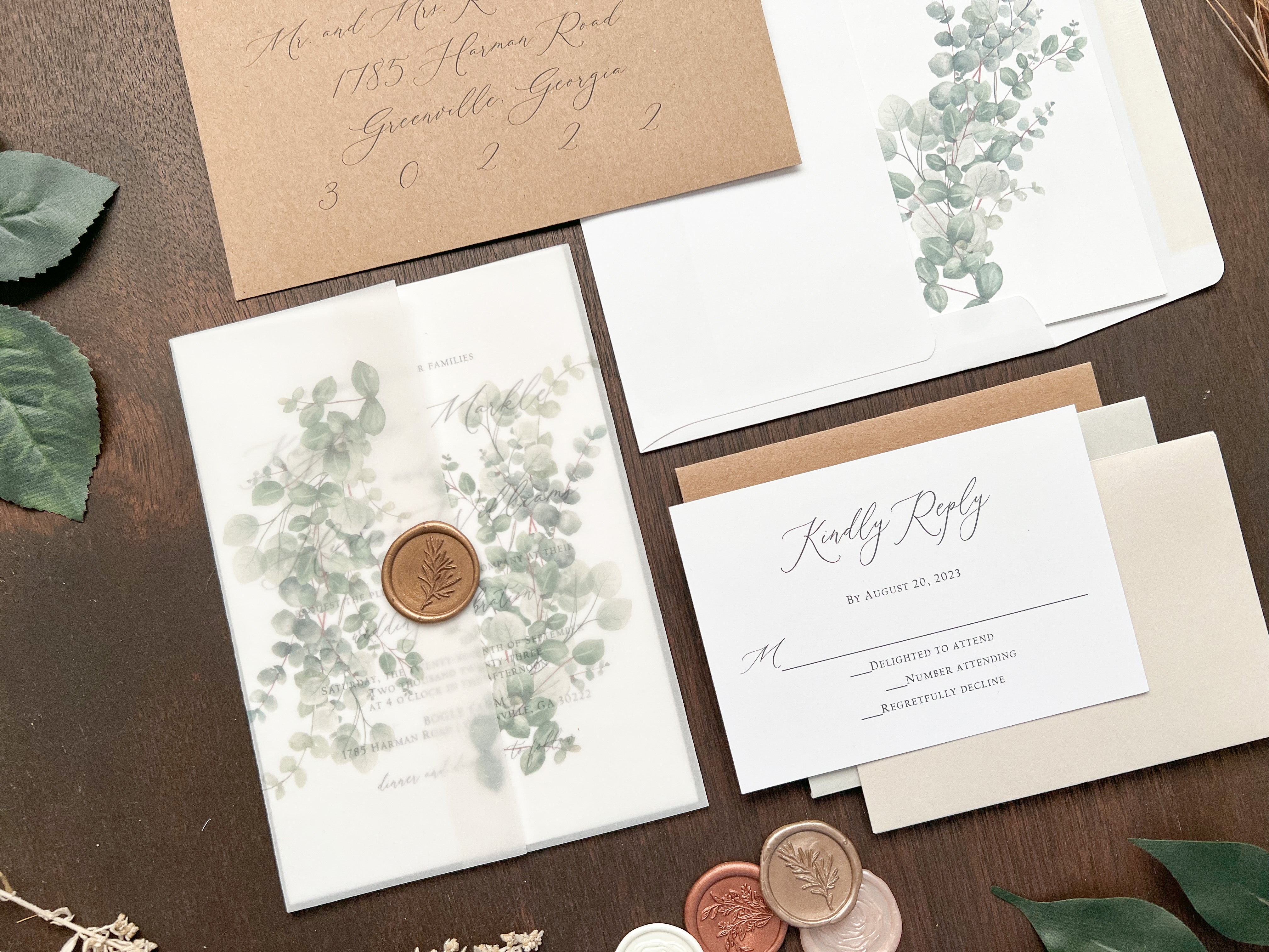 Eucalyptus Vellum Wedding Invitation with Antique Gold Wax Seal