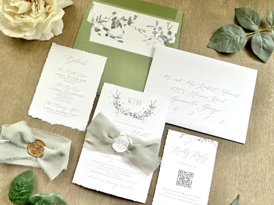 Monogram Laurel Wreath Wedding Invitation with Muted Sage Green Chiffon Ribbon & Wax Seal with Deckled Edging