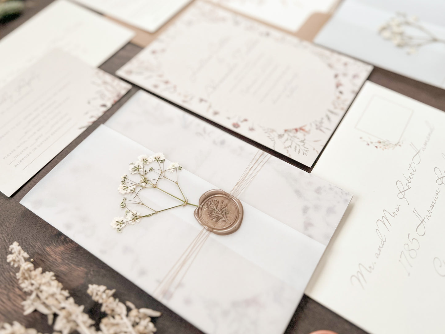 Baby’s Breath Wedding Invitation with Deckled Edging, Vellum Wrap and Wax Seal