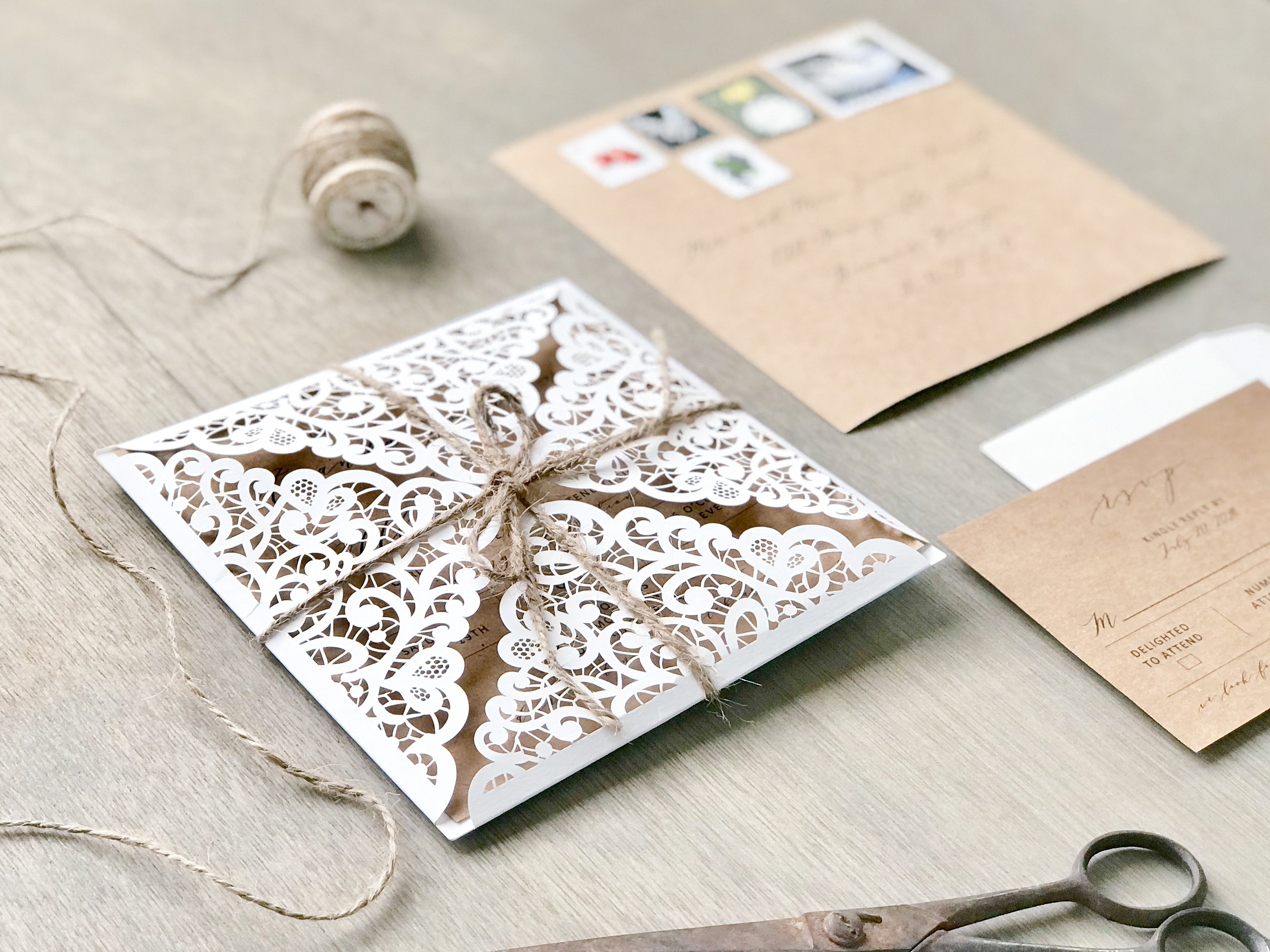Rustic Laser Cut Wedding Invitation with Twine
