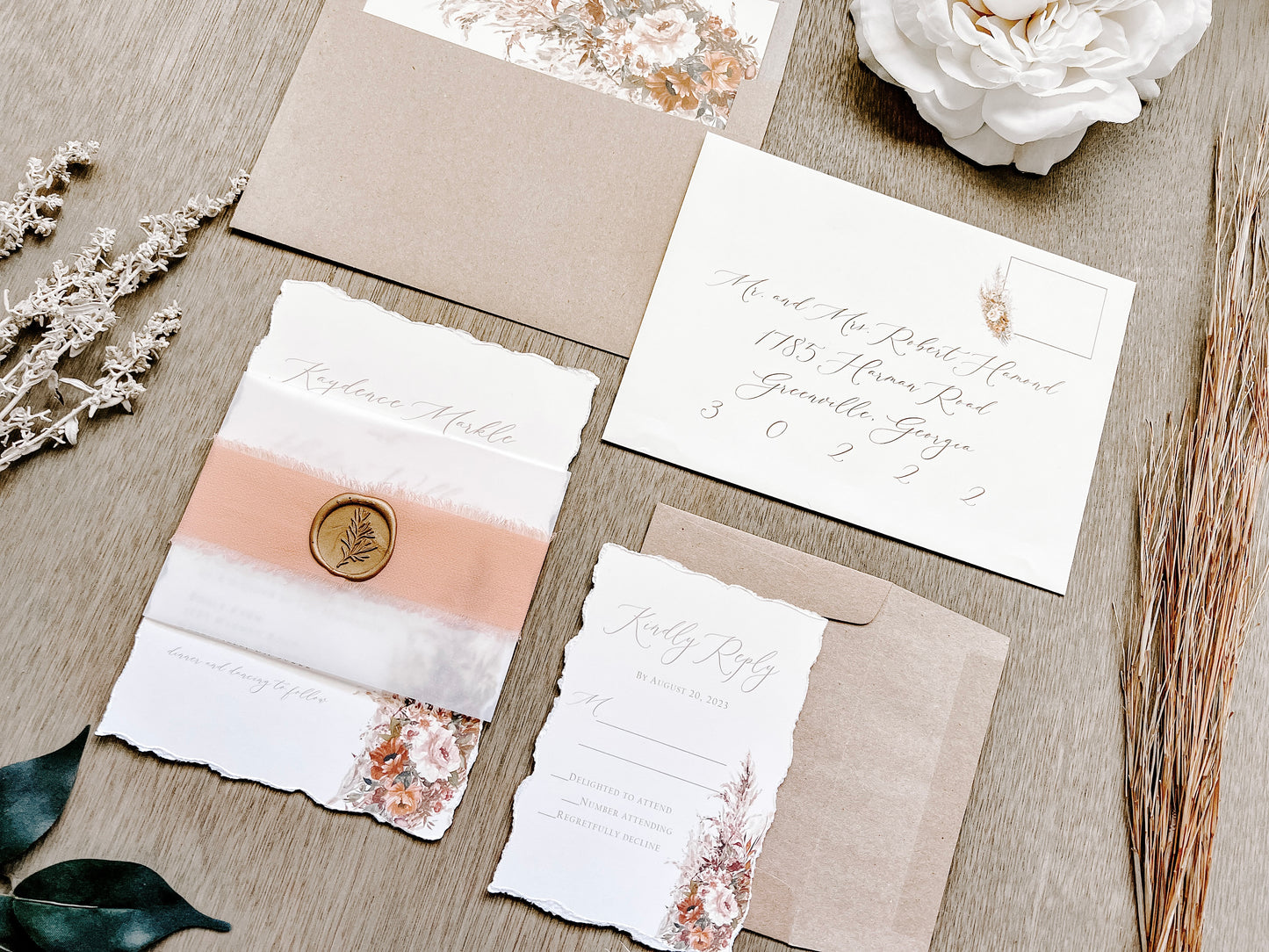Rose Gold Wedding Invitation with Pampas Grass, Terracotta Beige Florals, Deckled Edging, Vellum Belly Band, Chiffon Ribbon and Wax Seal