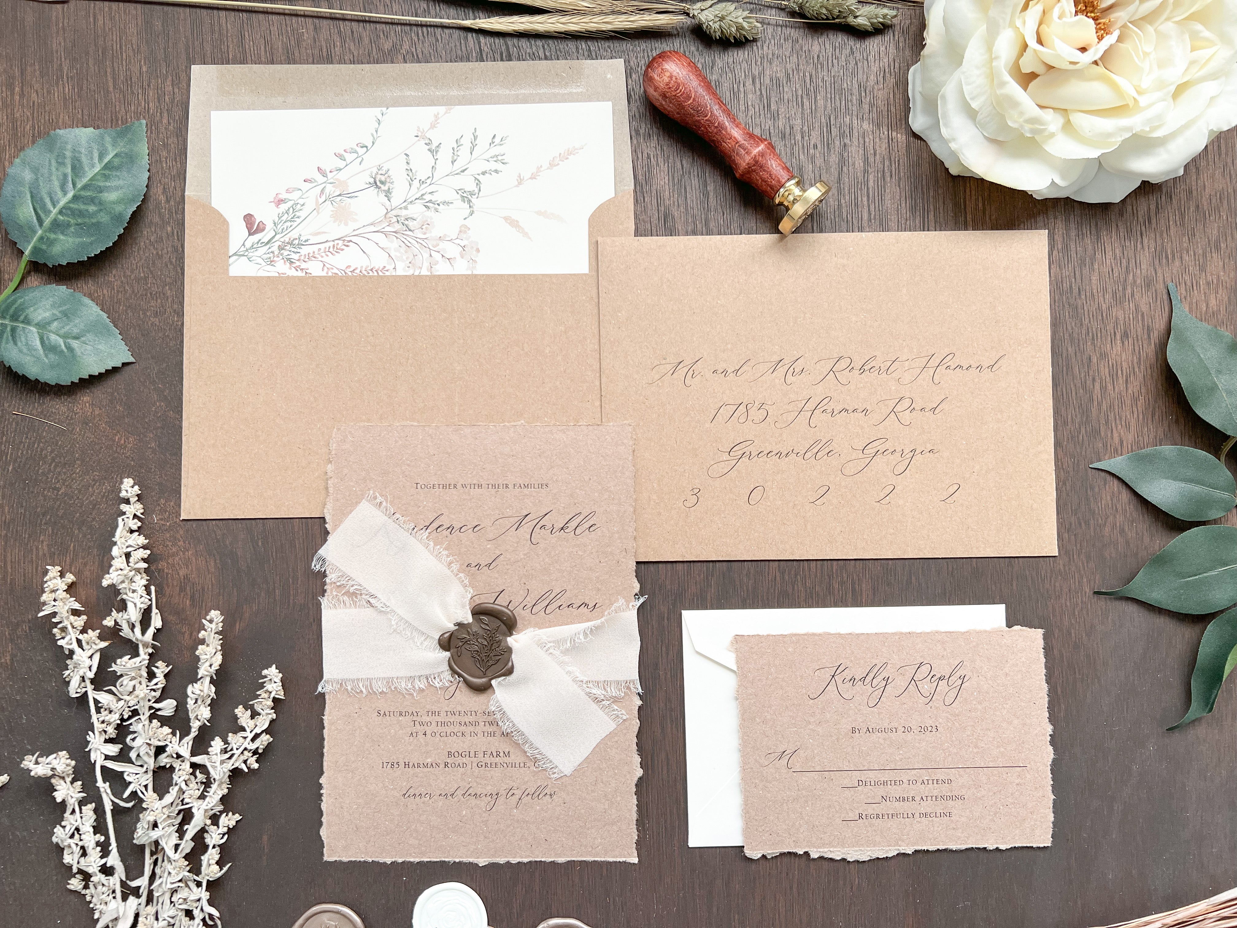 Rustic Elegant Wedding Invitation with Deckled Edging, Light Nude Chiffon Ribbon & Chocolate Wax Seal