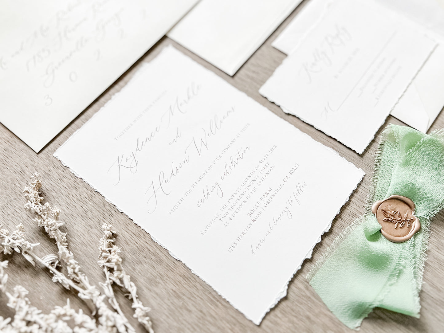 Sage Green Ribbon Wedding Invitation with Deckled Edging, Chiffon Ribbon & Antique Gold Wax Seal