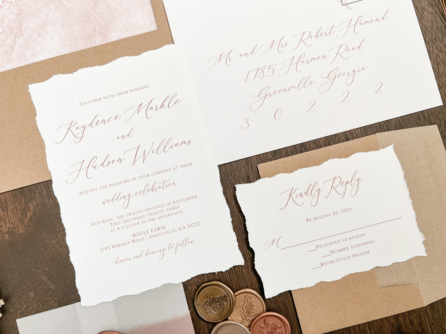 Copper Wedding Invitation with Deckled Edging, Vellum Belly Band, Chiffon Ribbon and Wax Seal