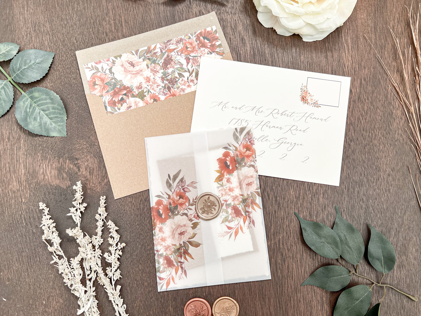 Boho Fall Floral Wedding Invitation with Deckled Edging, Vellum & Wax Seal