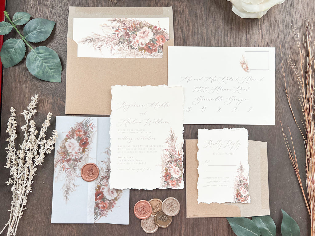 Pampas & Copper Foliage Boho Wedding Invitation with Deckled Edging, Vellum & Wax Seal