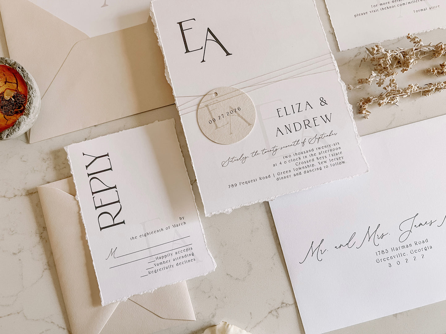 Modern Wedding Invitation with Monogram Tag