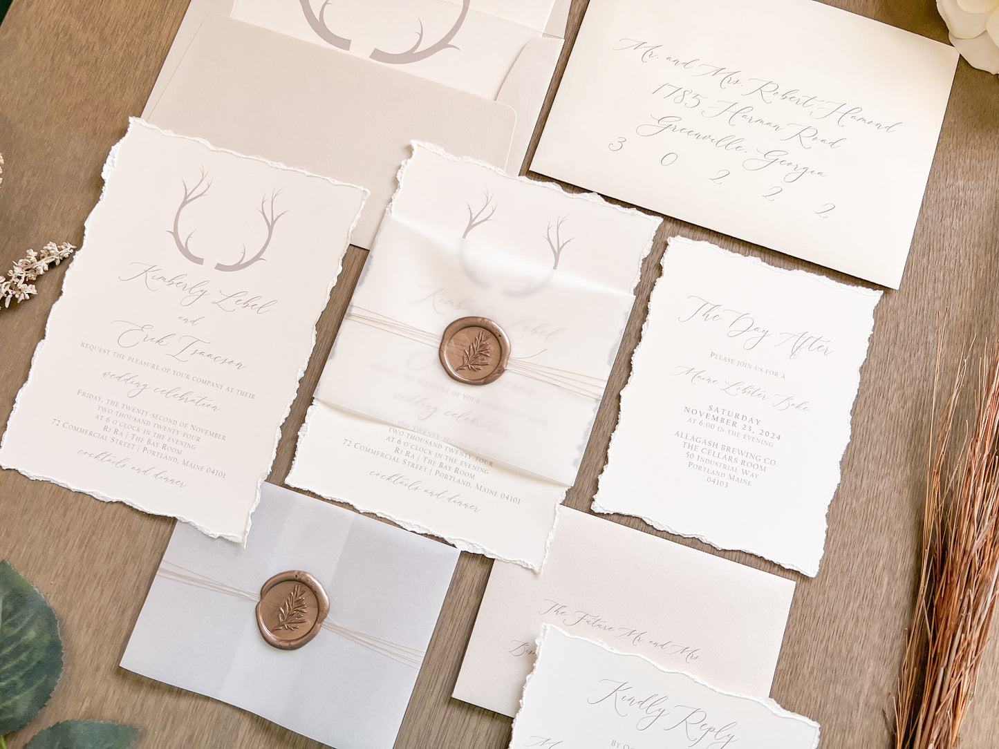 Antler Wedding Invitation with Deckled Edging, Vellum Belly Band and Wax Seal