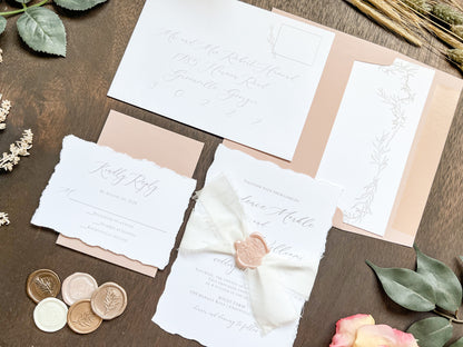 Soft and Sweet Wedding Invitation with Deckled Edging, White Chiffon Ribbon & Blush Pink Wax Seal