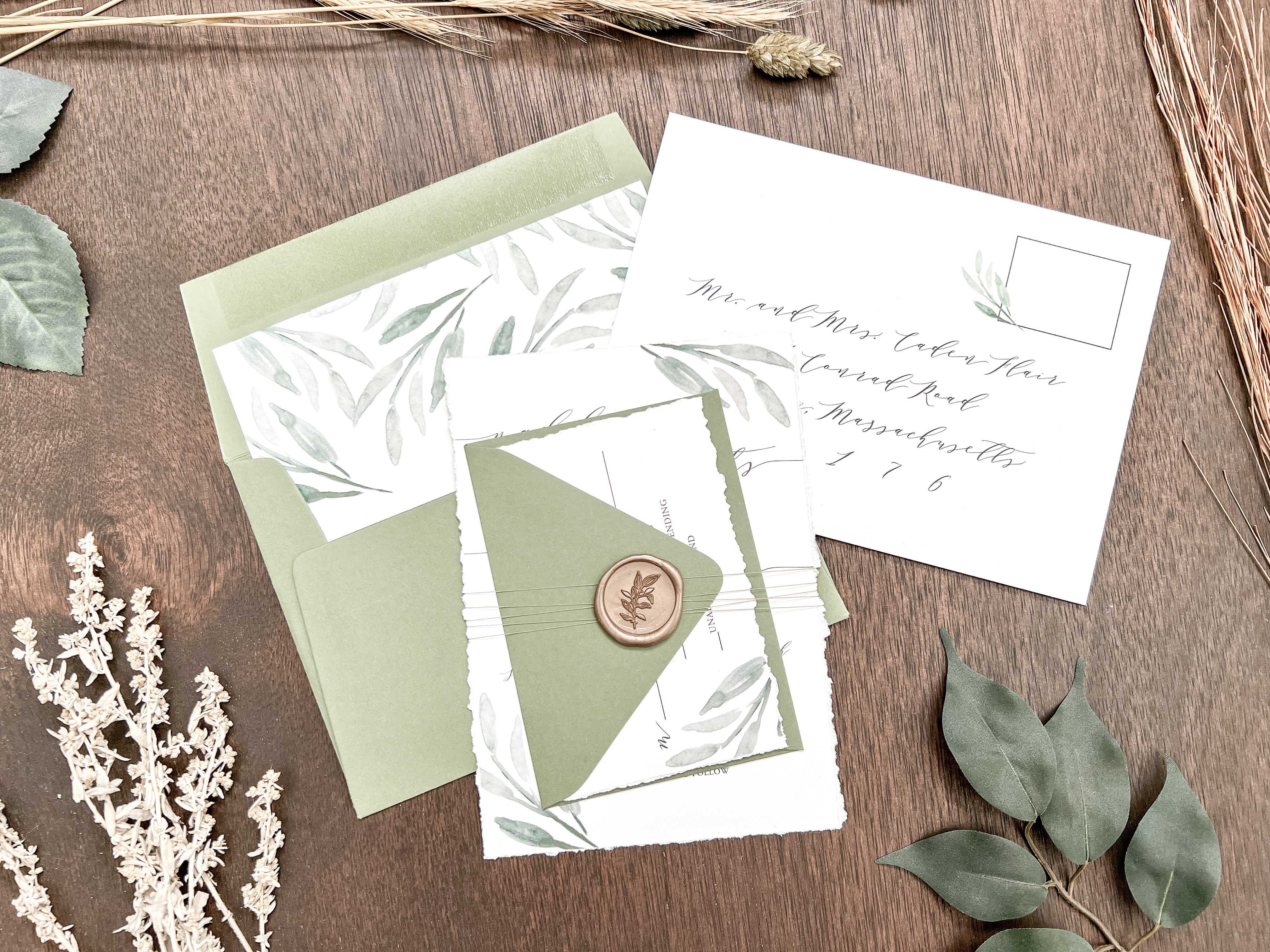 Greenery Deckled Edge Wedding Invitation with Wax Seal & Thread