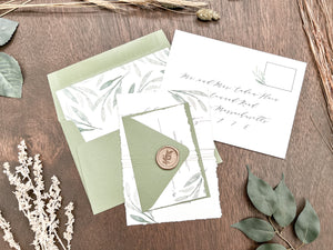 Greenery Deckled Edge Wedding Invitation with Wax Seal & Thread