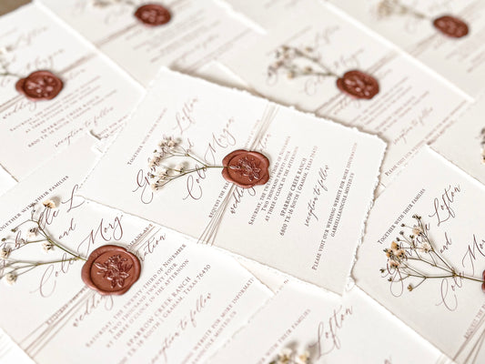 Ivory Baby’s Breath Wedding Invitation with Deckled Edging, Khaki Thread and Copper Wax Seal